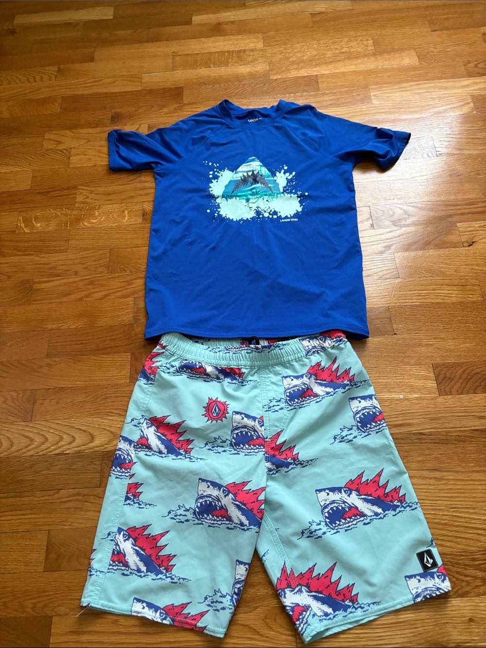 Boys Shark Print SwimSet - Blue Top & Aqua Shorts